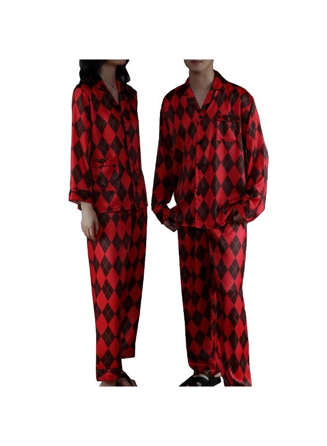 Unisex Satin Pajama Set for Men & Women, Matching Couple Sleepwear, Long Sleeve Button-Down Shirt & Pants, Silky Soft Nightwear, Red Diamond Print -MG11 - Image 2